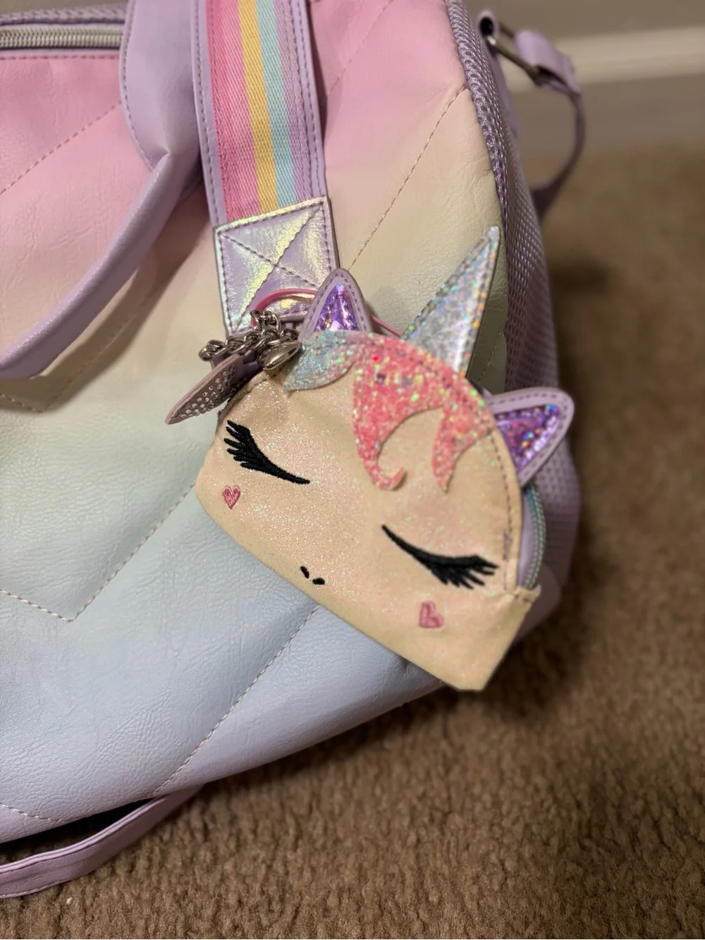 Pastel Unicorn Kids Duffel Bag with Rainbow Strap